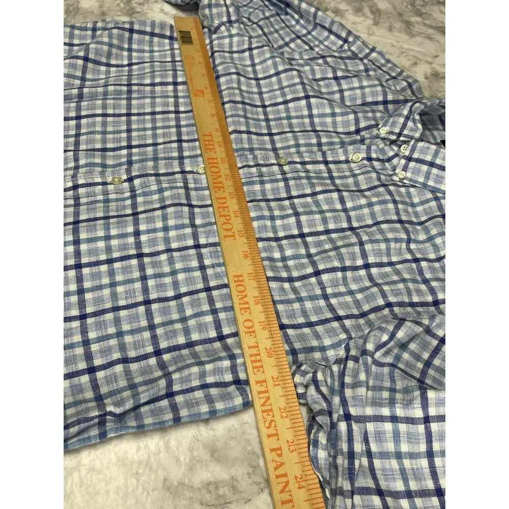 Preppy Linen Banana Republic Camden Standard Fit Button Down Shirt L Blue Plaid